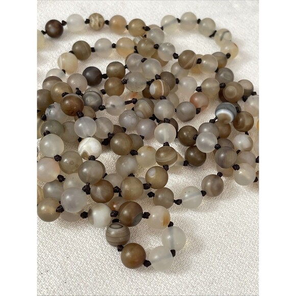 Hand Knotted Brown Cream Botswana Agate Necklace “Success Stone 60”